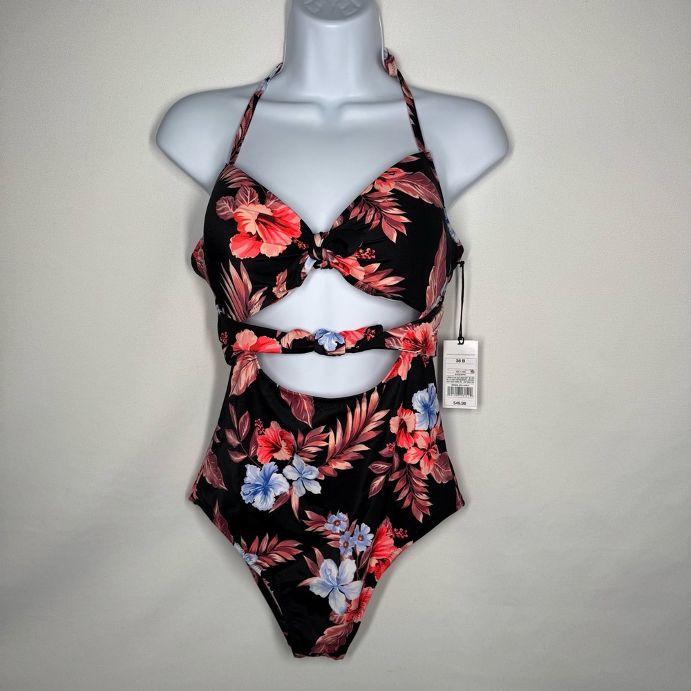 Shade & Shore Black Floral Double Knot Front One-Piece Swimsuit Size 36B - NWT